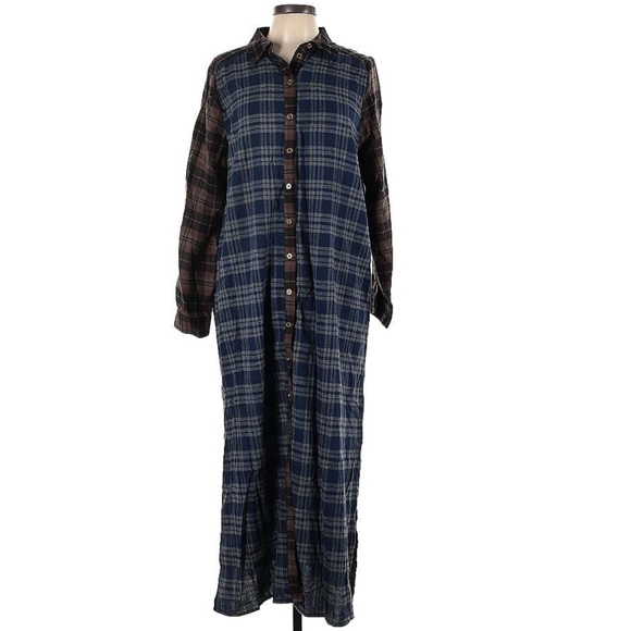 Natural Life 100% Cotton Flannel Esme Plaid Long Maxi Shirt Dress Navy Large - Picture 3 of 8
